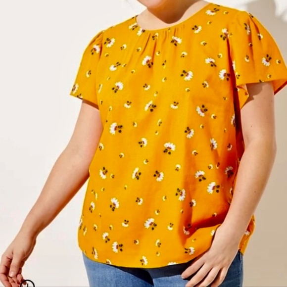 Loft Gold-Orange Top Floral 55% Linen Blend Buttons down Back Flutter Sleeves M - Picture 2 of 8